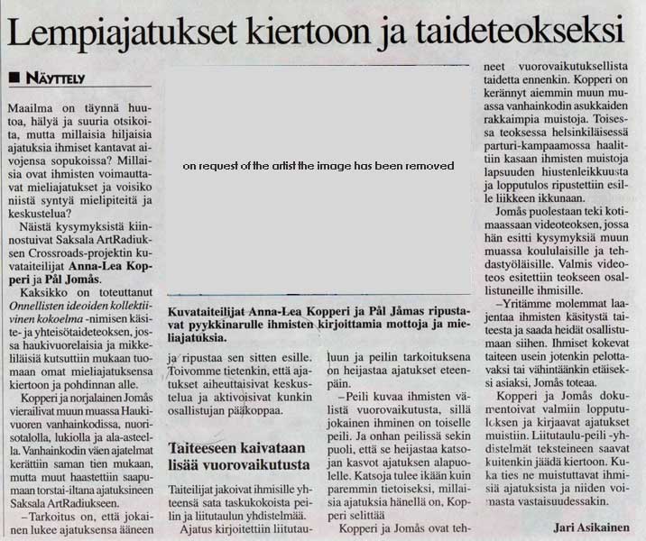 Anna-Lea Kopperi and P�l Jom�s have participated in the collaborative project CROSSROADS SAKSALANHARJU and arranged an interview which is published in this news paper.